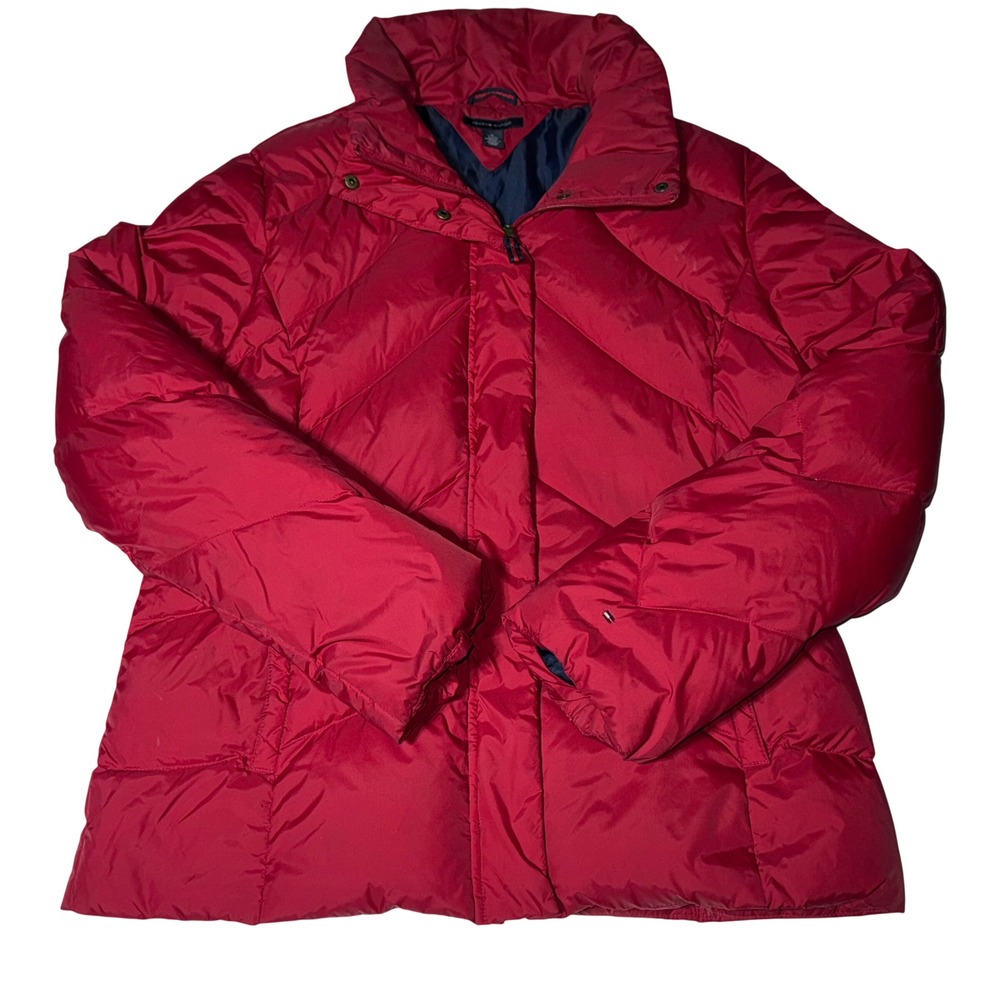 Tommy Hilfiger Womens XL Red Chevron Puffer Jacket Waterfowl Down Padded Coat